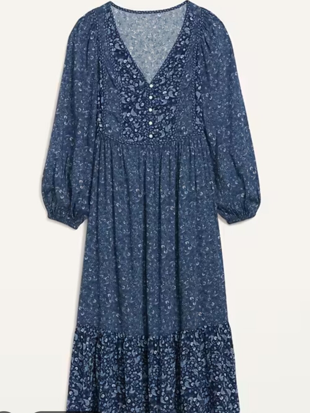 Old Navy Boho Blue Floral V-Neck Midi Dress Cottage Core Sz L Long Sleeve